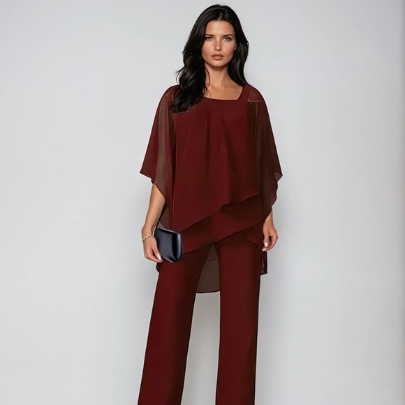 LILY Hil Pants - LILY HILL XL Burgundy Chiffon Off-Shoulder Top and Wide Leg Pants Worn Once
